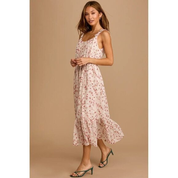 Lulus Be My Honey Cream Floral Print Tie-Strap Midi Dress M - Picture 1 of 5